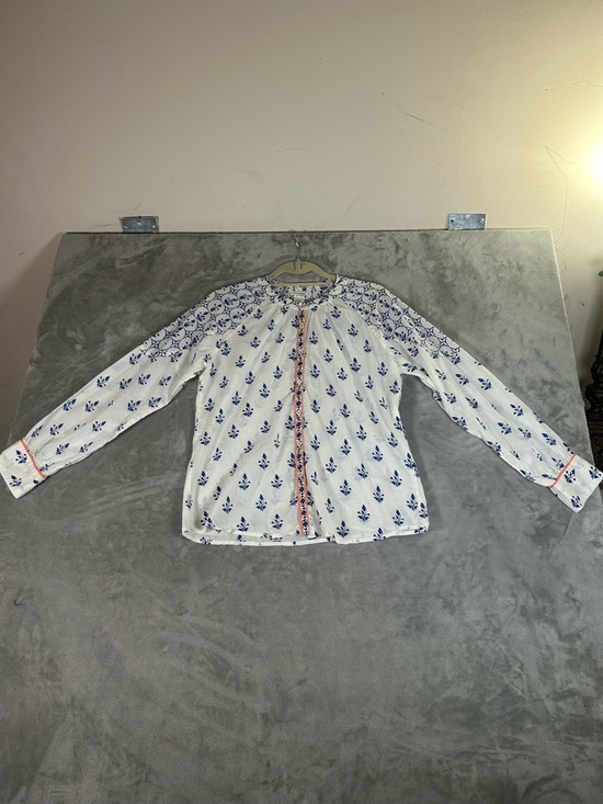 Sundance Tops - Sundance White Button-Down Shirt with Blue Print and Orange Trim